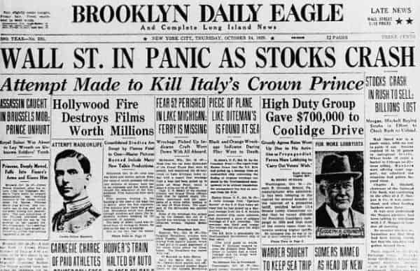 Newspaper with stock crash of 1929 headline