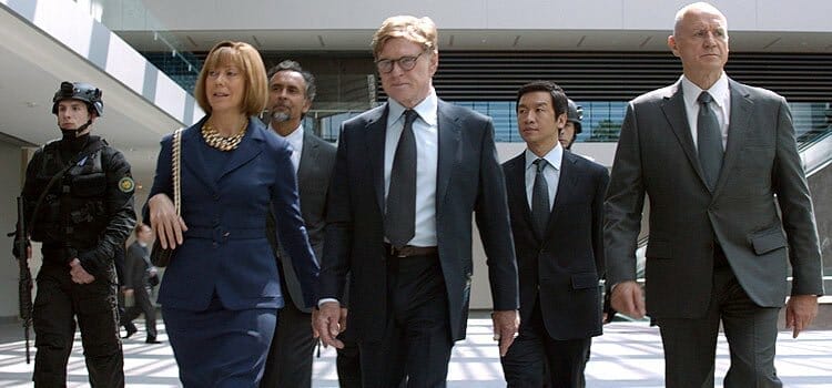 Jenny Agutter (in blue) portraying World Security Council Member Hawley