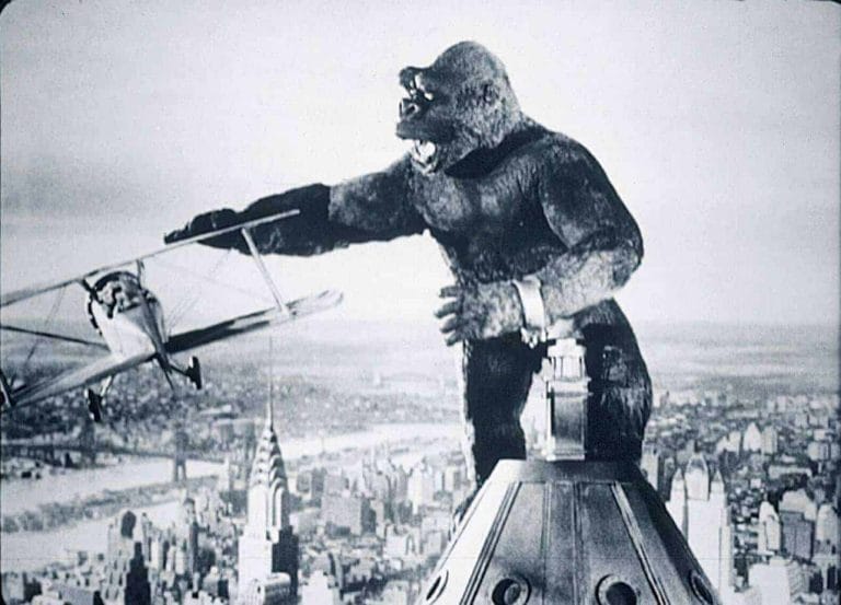 King Kong battling planes in the 1933 movie